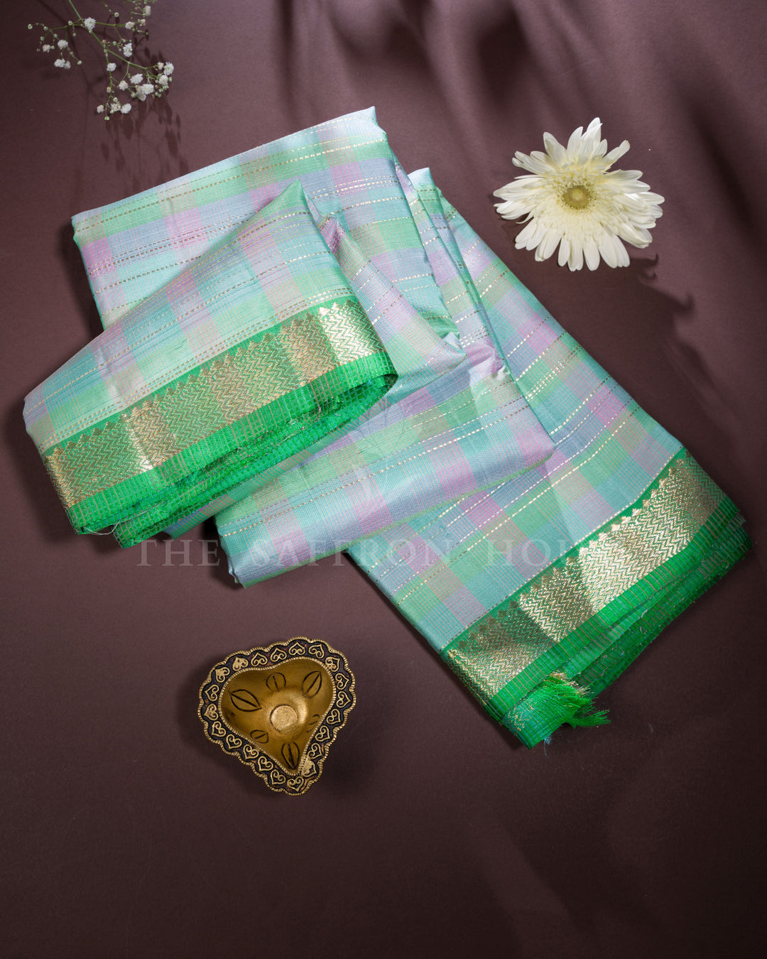 Pastels And Emerald Green Kattam Kanjivaram Silk Saree – The Saffron House