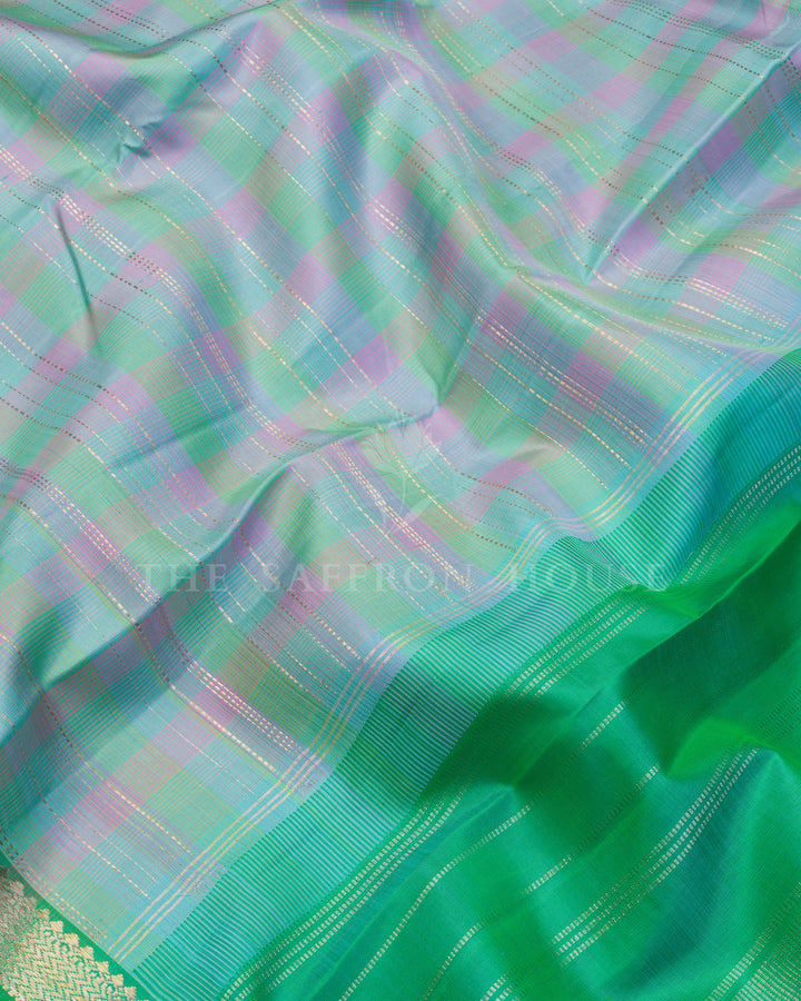 Pastels And Emerald Green Kattam Kanjivaram Silk Saree – The Saffron House