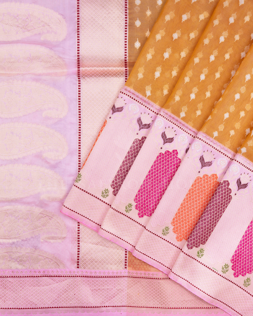 Mustard Gold And Blush Rose Organza Banarasi Saree – The Saffron House