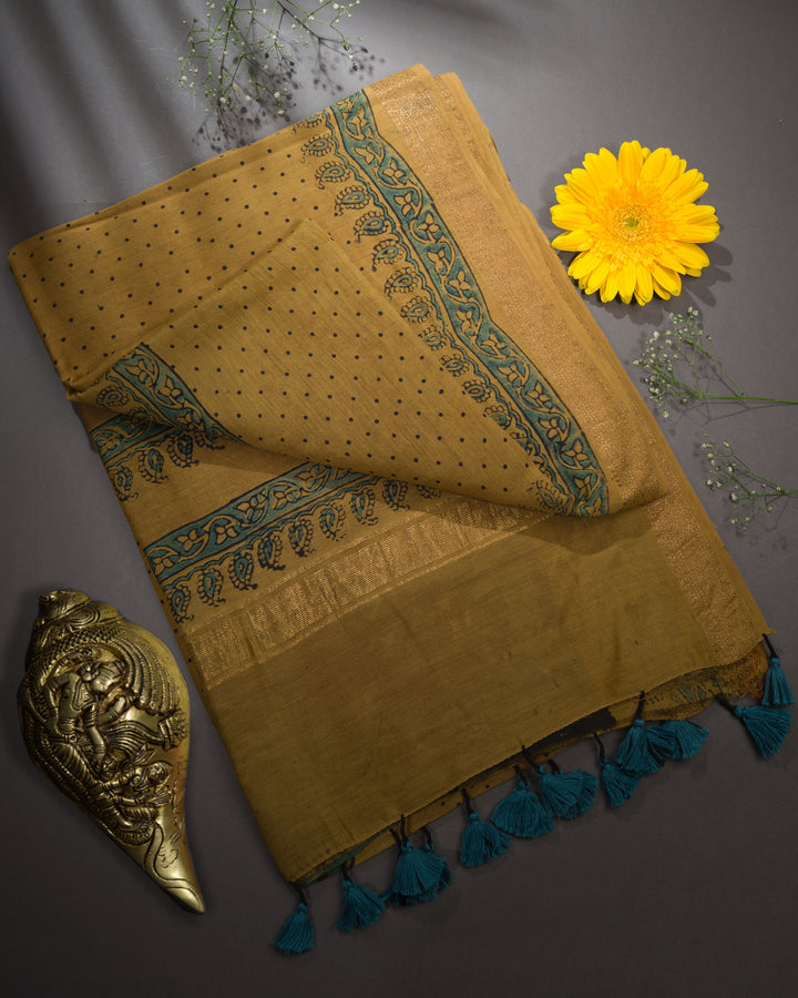 Mustard Gold Maheshwari Silk Cotton Saree – The Saffron House
