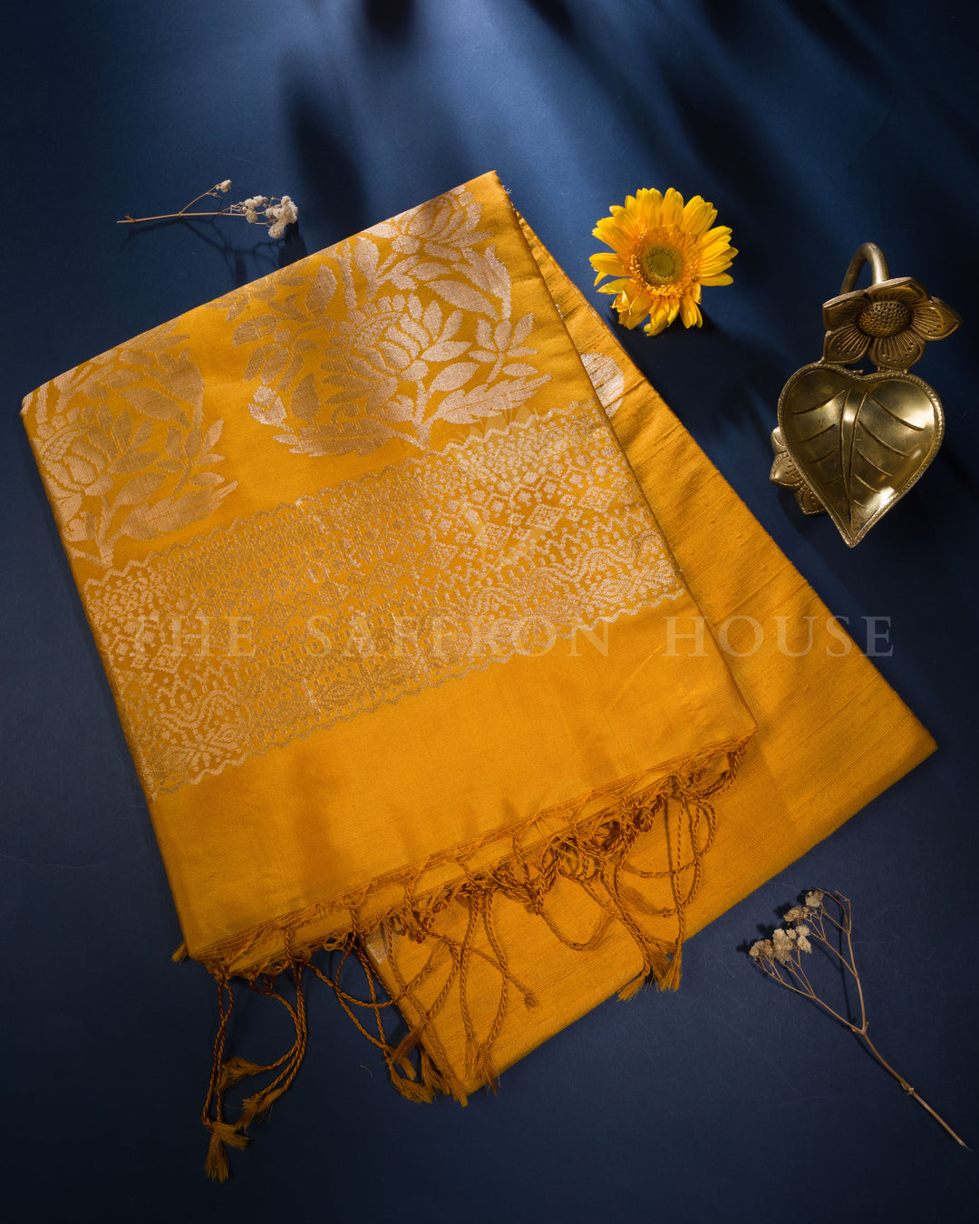 Mustard Gold Tussar Silk Saree – The Saffron House