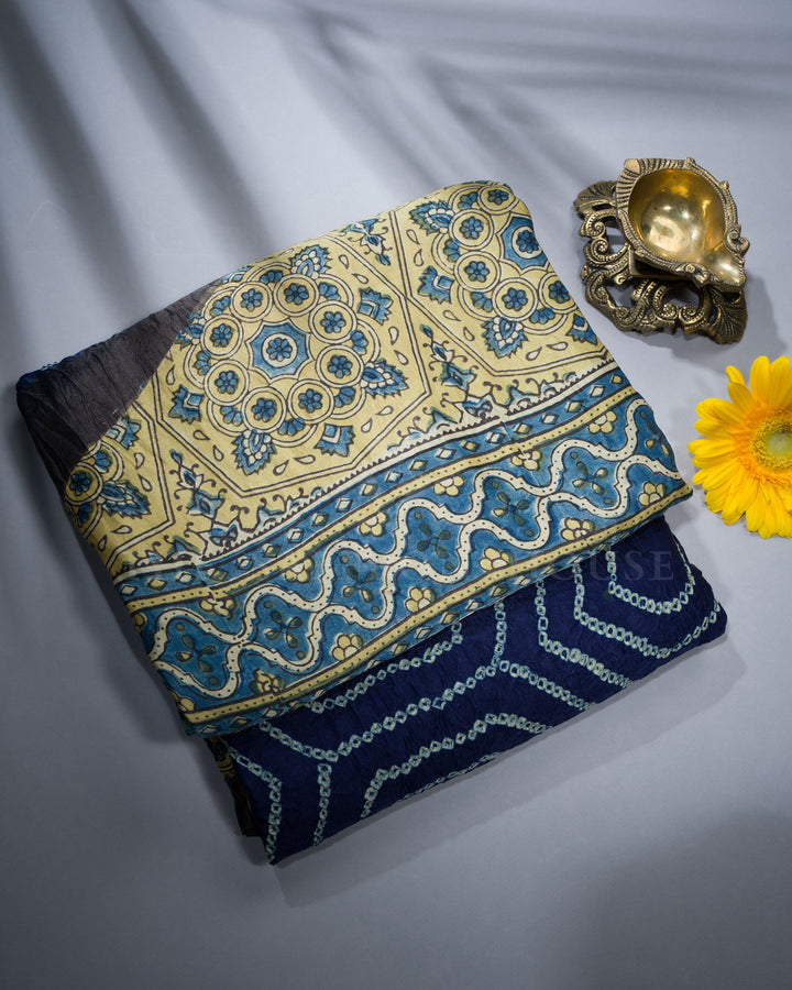 Midnight Blue And Antique Gold Bandhini Modal Silk Saree – The Saffron House