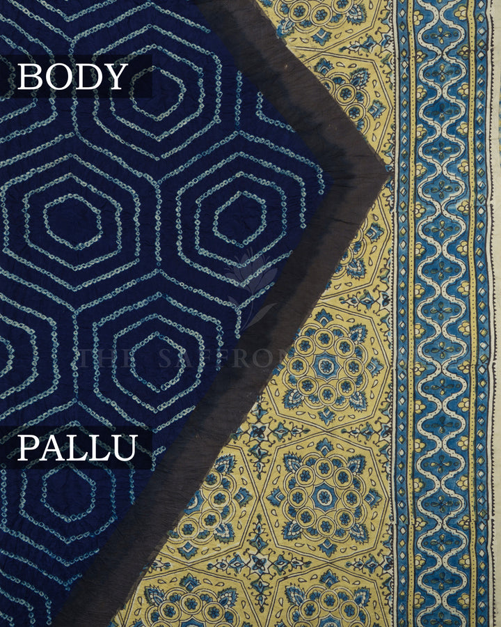 Midnight Blue And Antique Gold Bandhini Modal Silk Saree – The Saffron House