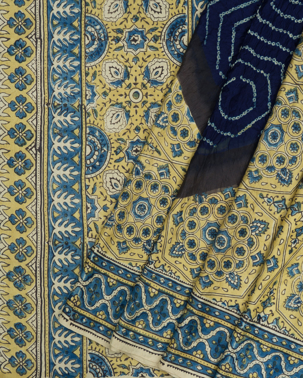 Midnight Blue And Antique Gold Bandhini Modal Silk Saree – The Saffron House