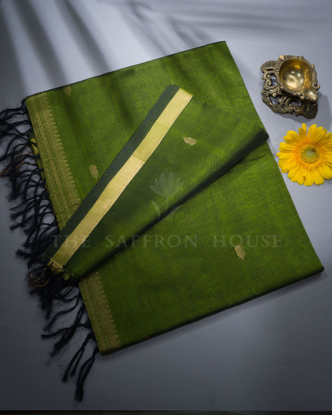 Olive Green Handwoven Silk Cotton Saree – The Saffron House