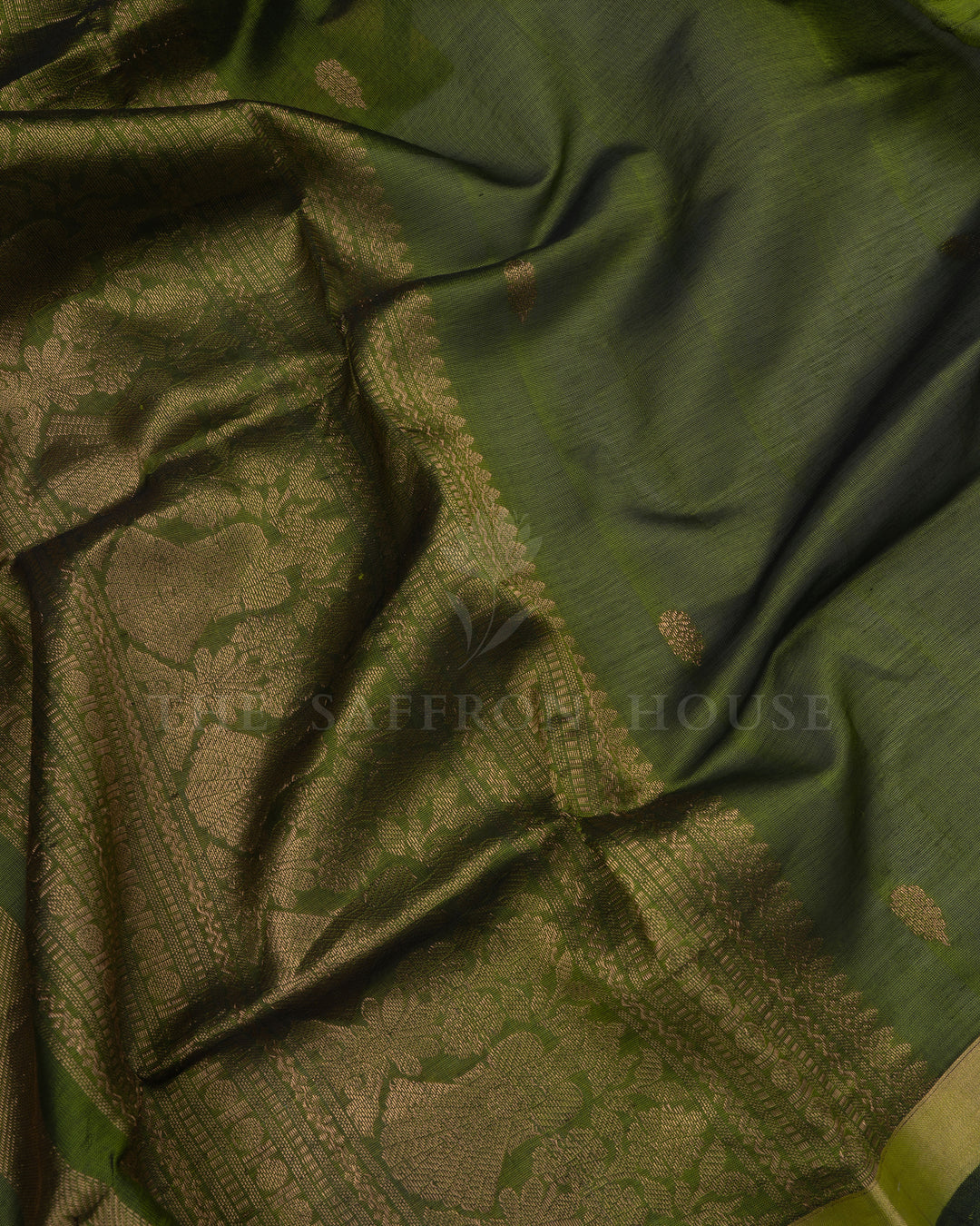 Olive Green Handwoven Silk Cotton Saree – The Saffron House