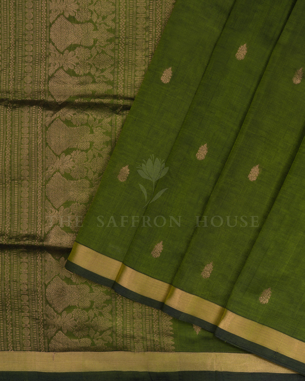 Olive Green Handwoven Silk Cotton Saree – The Saffron House