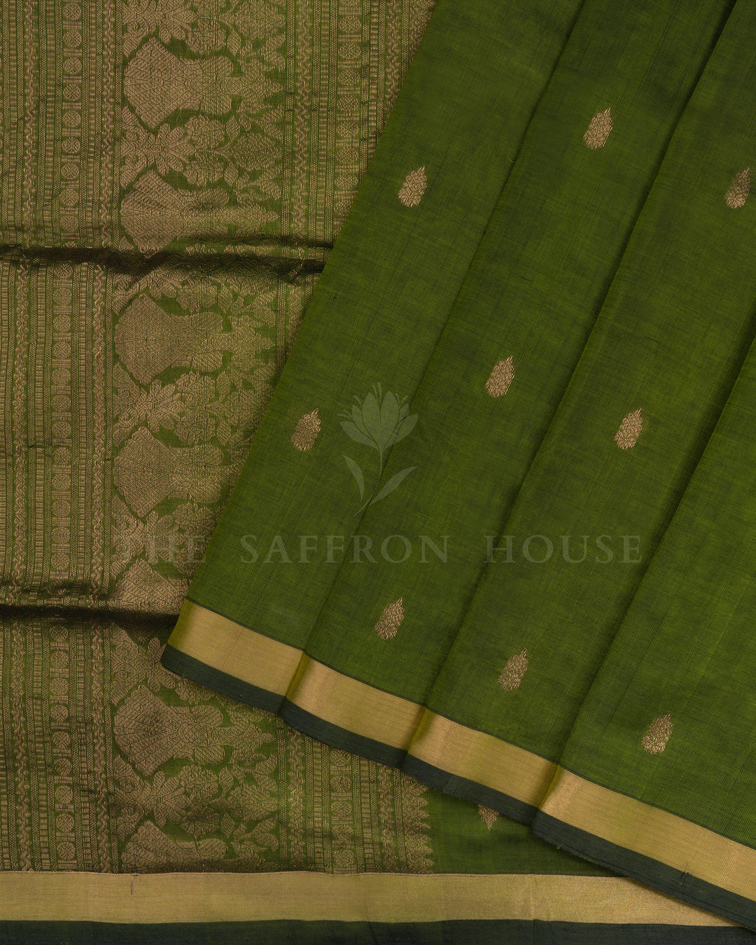 Olive Green Handwoven Silk Cotton Saree – The Saffron House