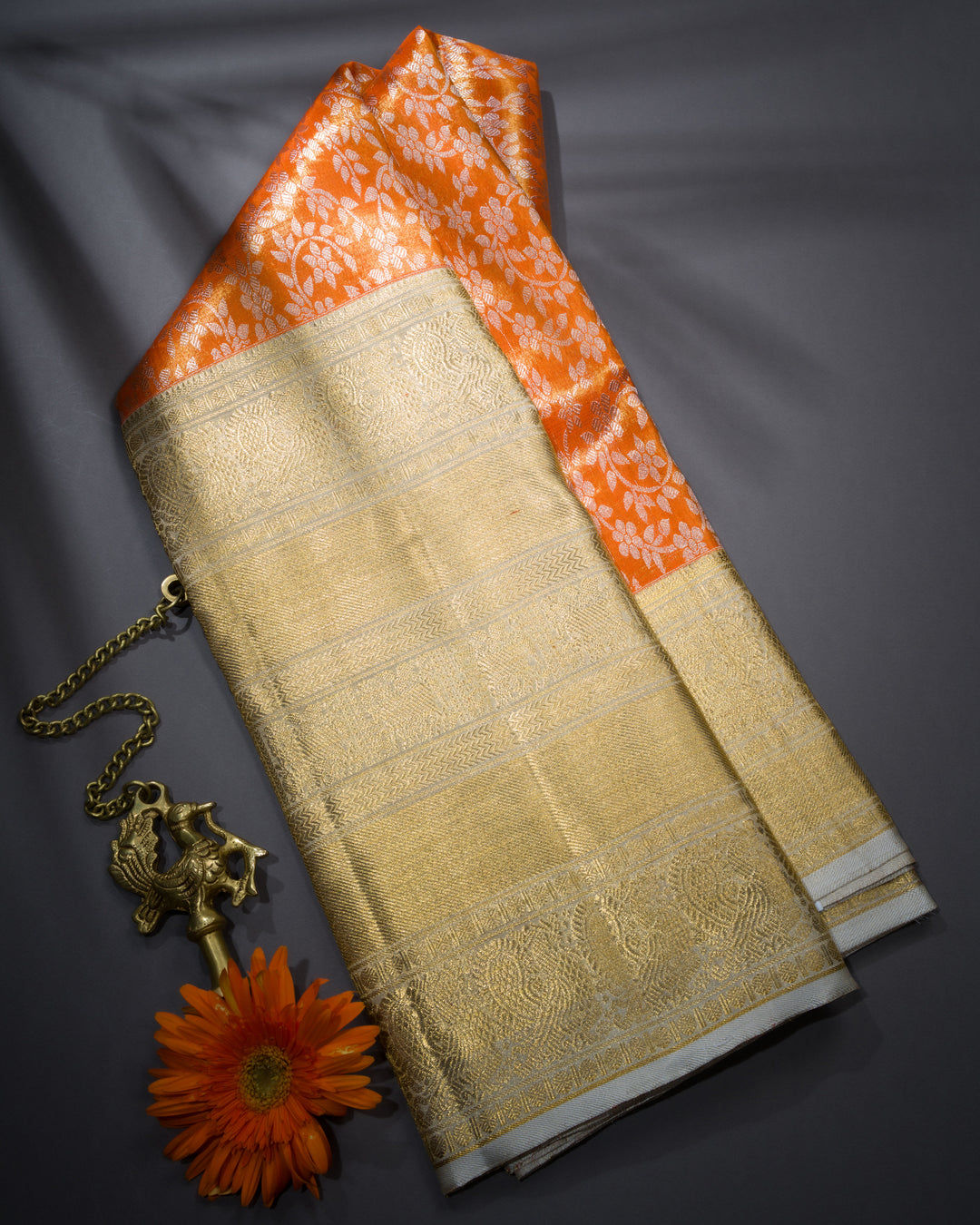 Burnt Orange And Antique Gold Tissue Kanjivaram Silk Saree – The Saffron House