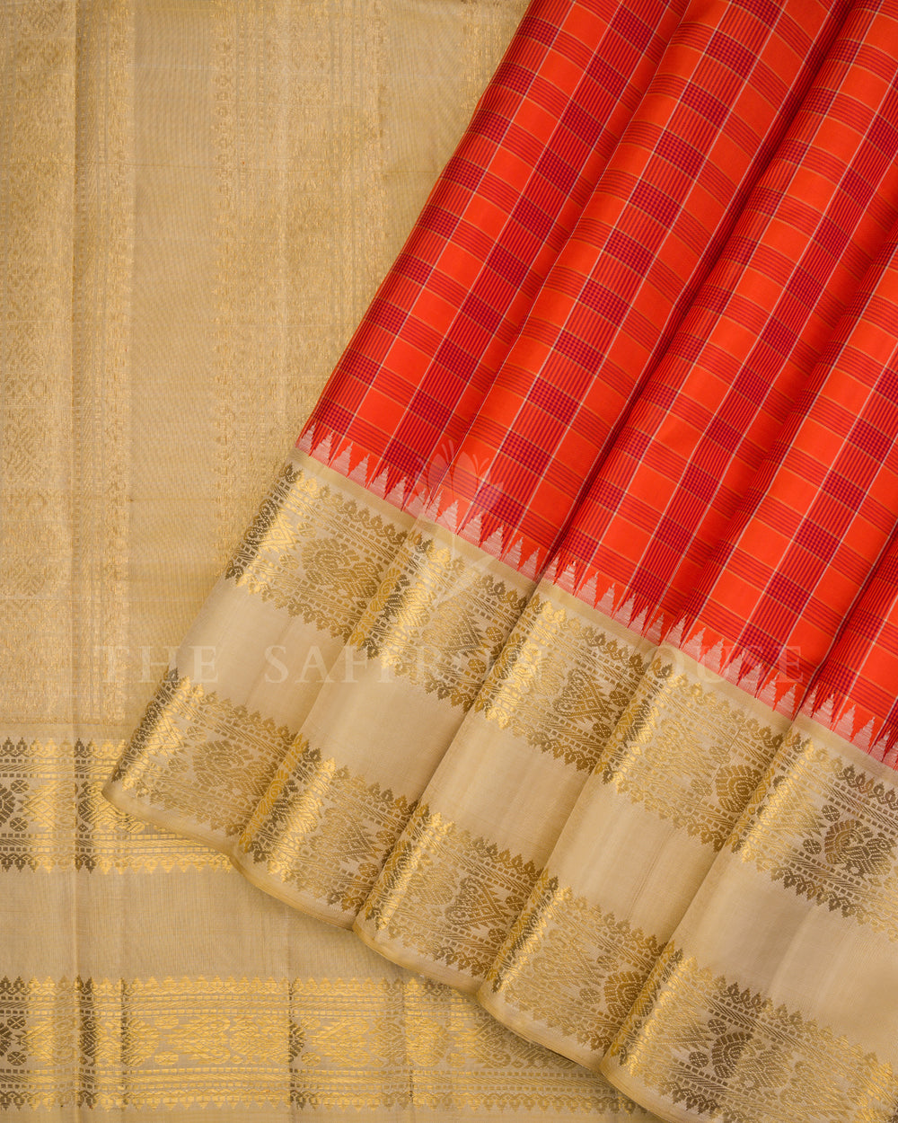 Burnt Orange And Ivory Kattam Kanjivaram Silk Saree – The Saffron House