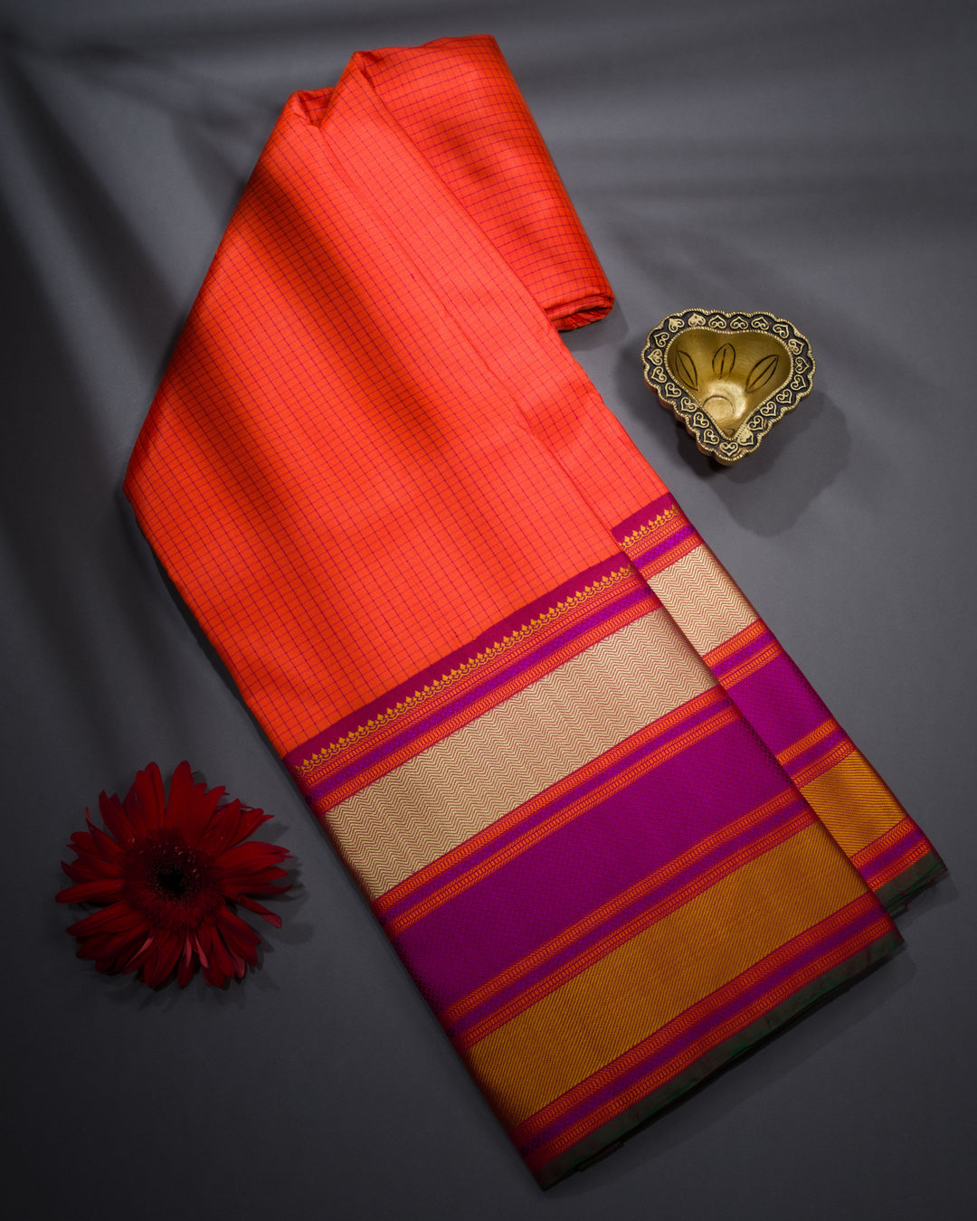 Burnt Orange And Multicolour Kattam Kanjivaram Silk Saree – The Saffron House