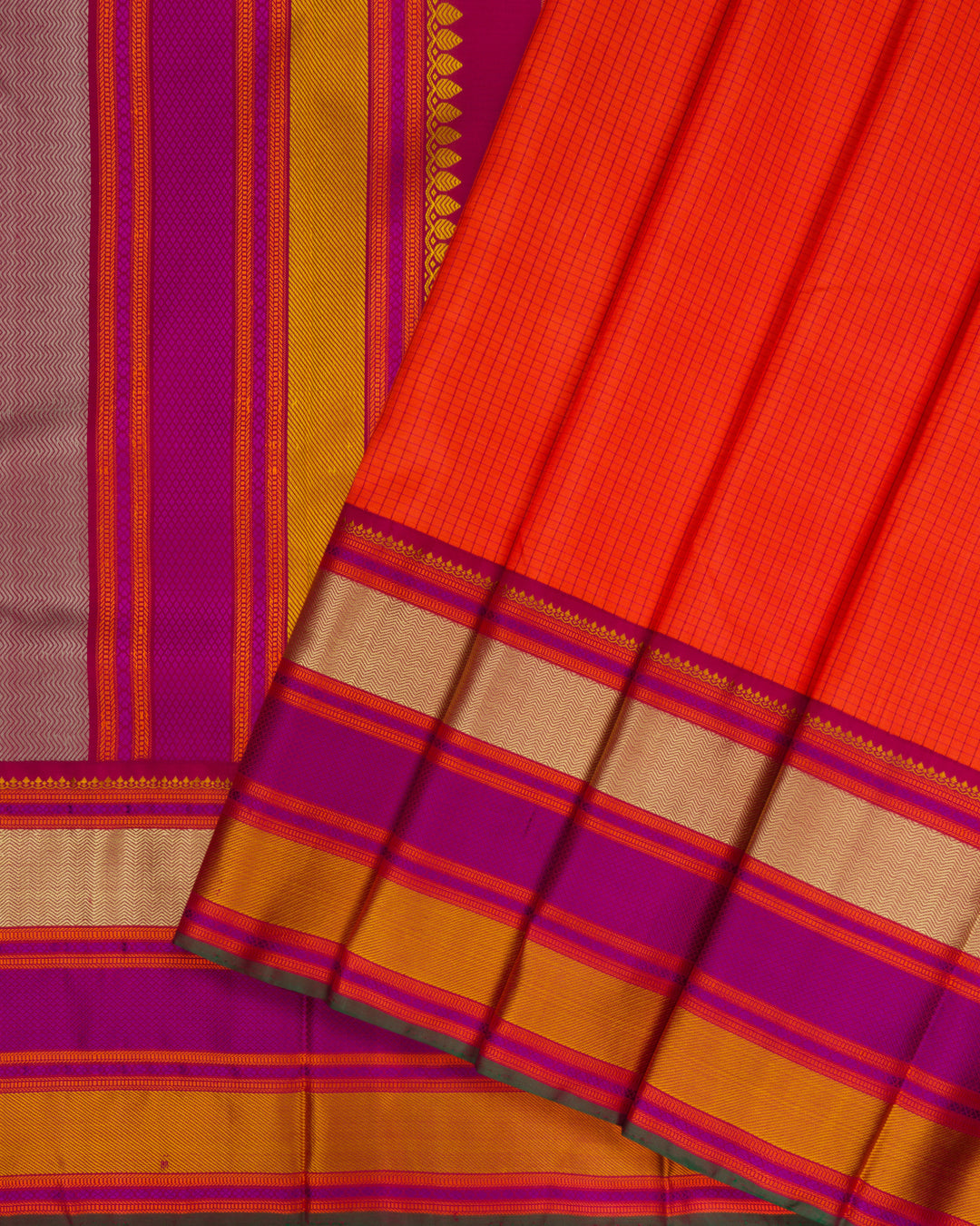 Burnt Orange And Multicolour Kattam Kanjivaram Silk Saree – The Saffron House