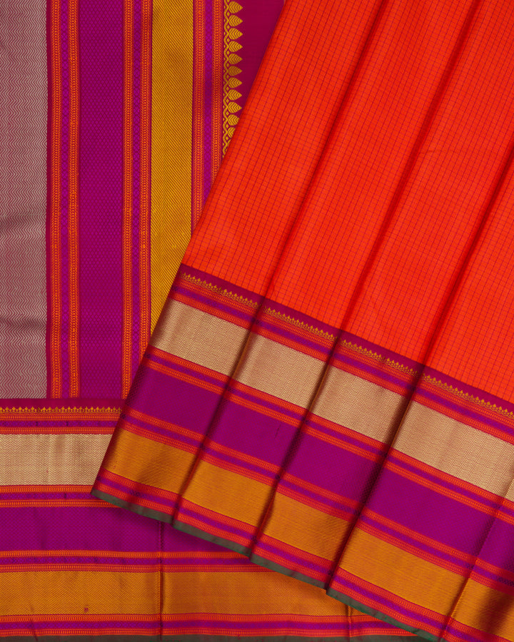 Burnt Orange And Multicolour Kattam Kanjivaram Silk Saree – The Saffron House