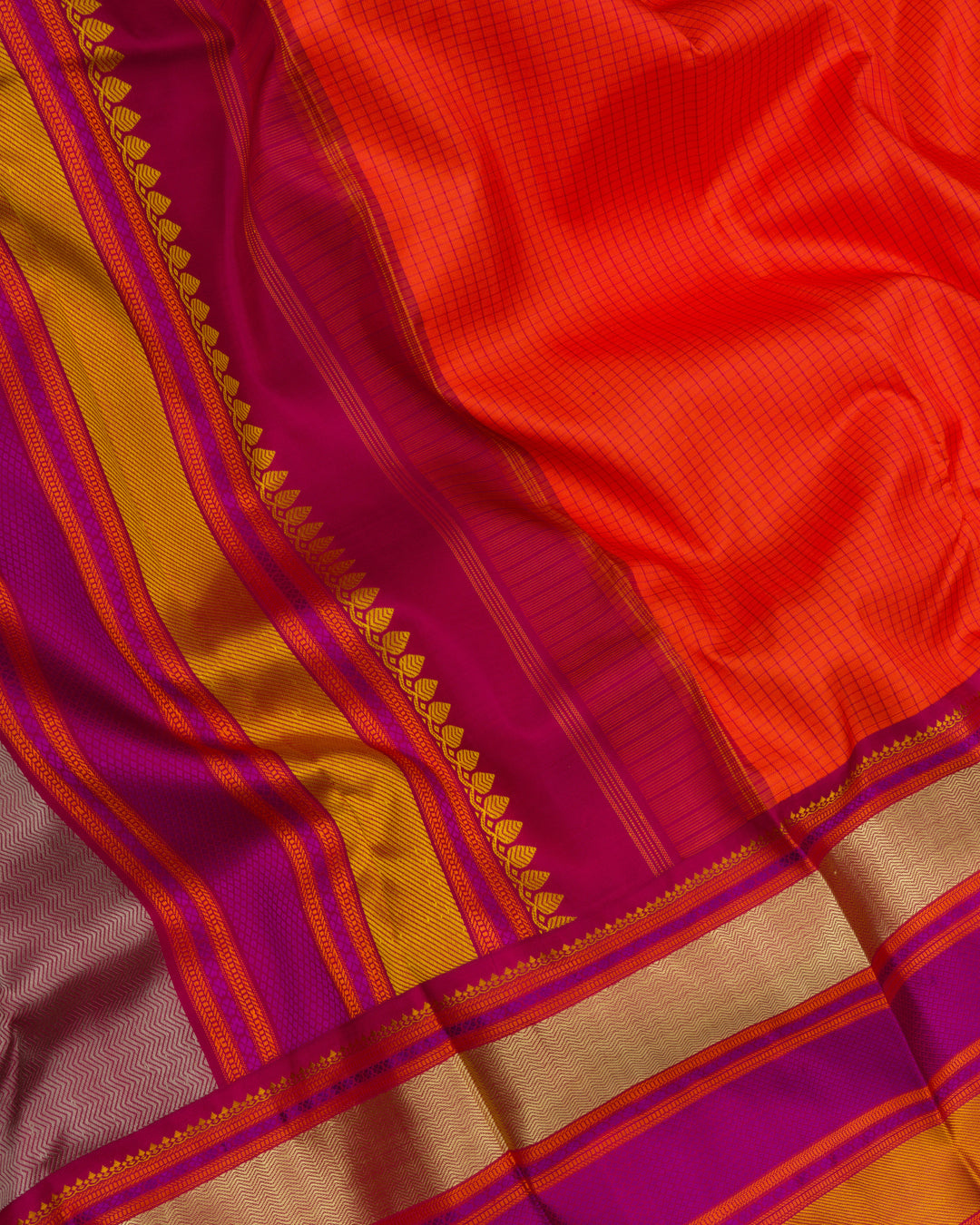 Burnt Orange And Multicolour Kattam Kanjivaram Silk Saree – The Saffron House