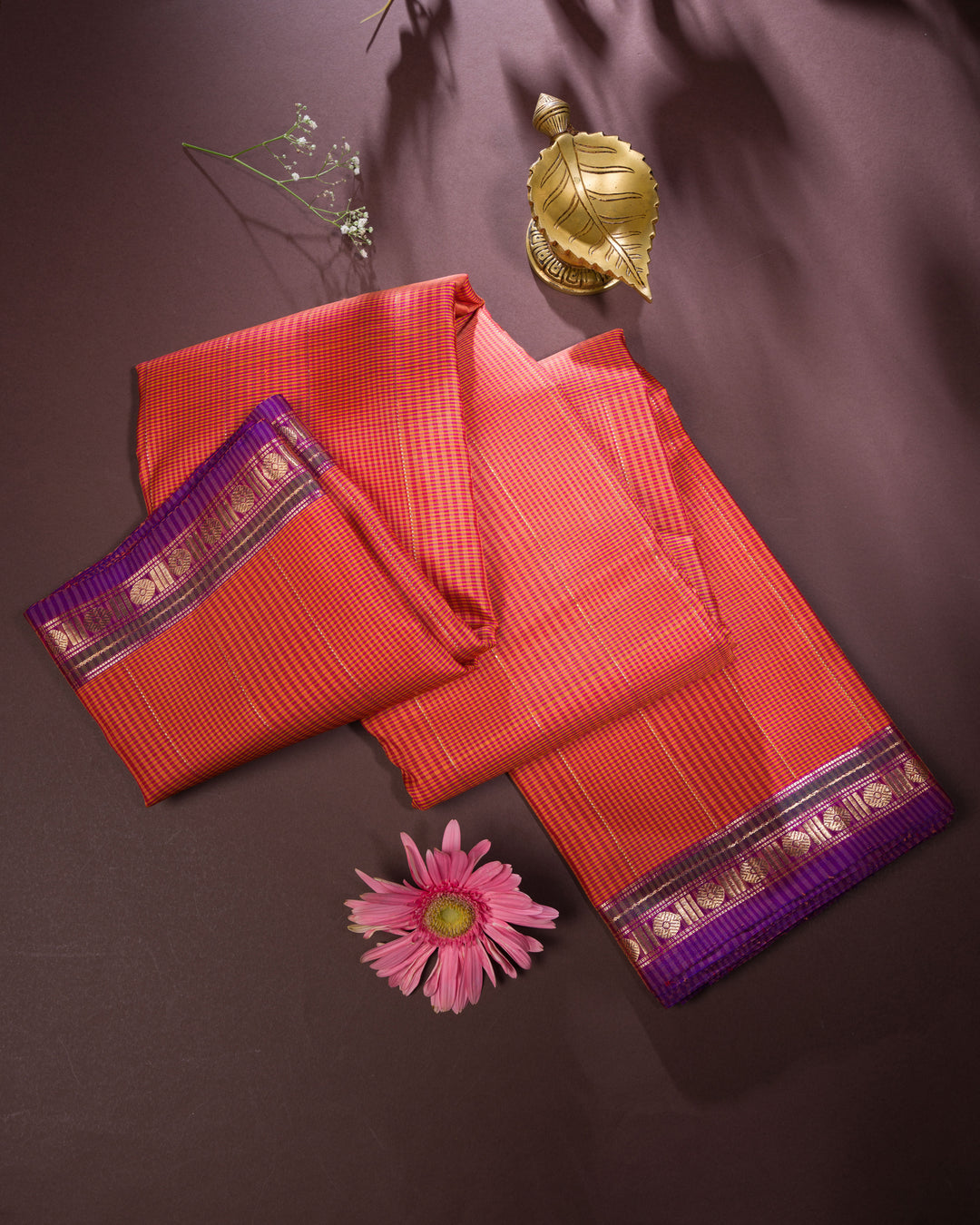Burnt Orange And Violet Kattam Kanjivaram Silk Saree – The Saffron House