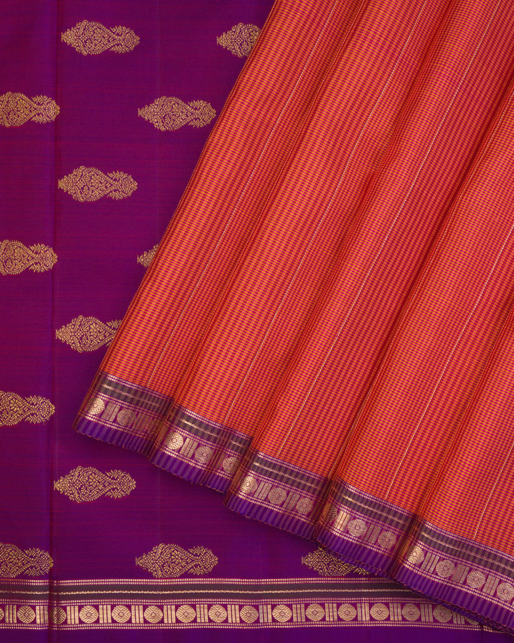 Burnt Orange And Violet Kattam Kanjivaram Silk Saree – The Saffron House