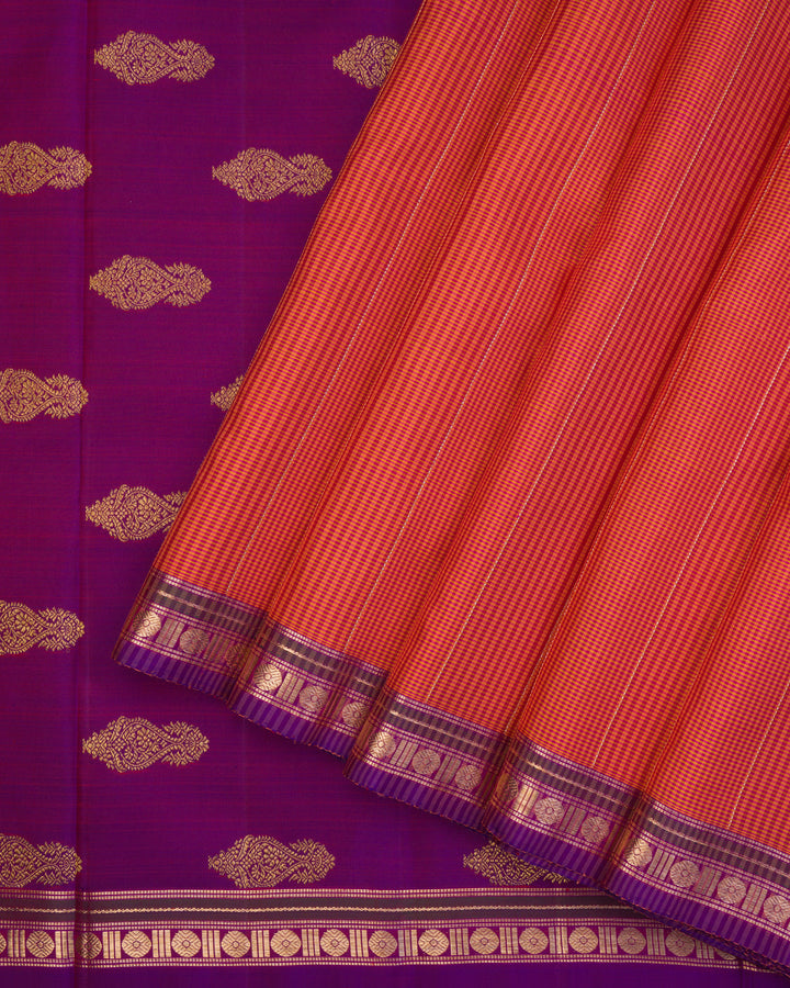 Burnt Orange And Violet Kattam Kanjivaram Silk Saree – The Saffron House