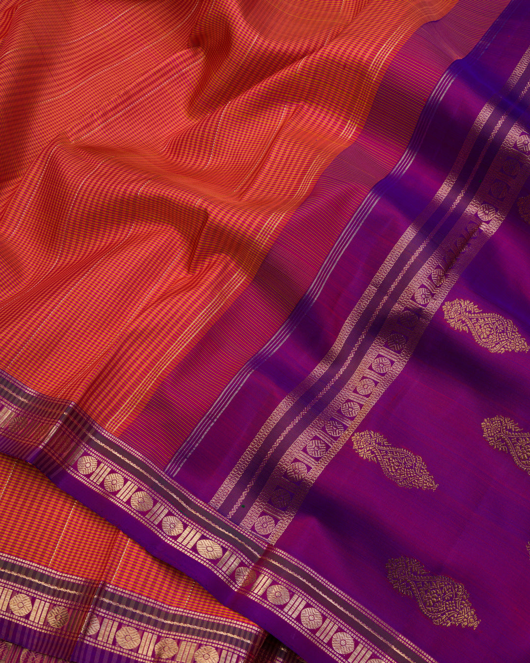 Burnt Orange And Violet Kattam Kanjivaram Silk Saree – The Saffron House