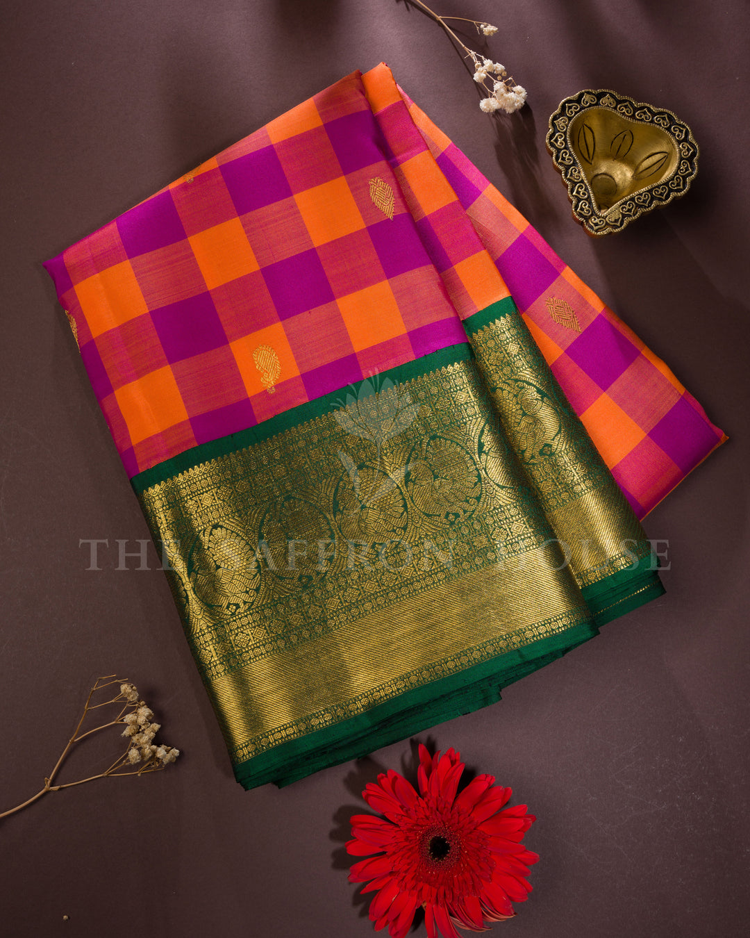 Burnt Orange And Magenta Korvai Kanjivaram Silk Saree – The Saffron House