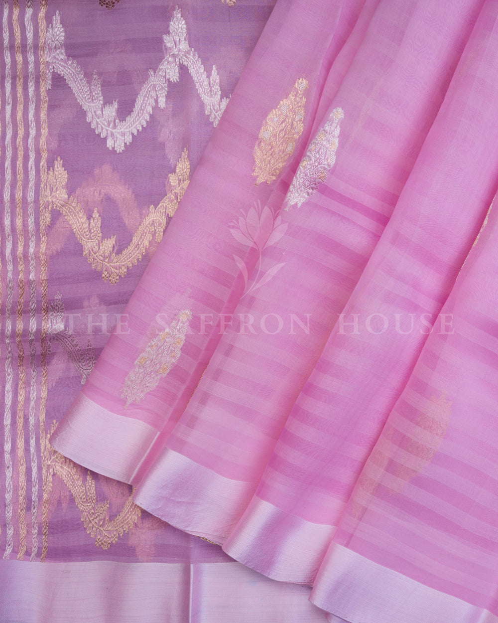 Pink And Lilac Kora Banarasi Silk Saree – The Saffron House