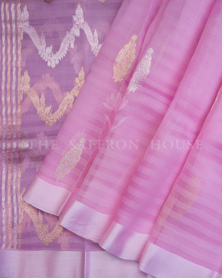 Pink And Lilac Kora Banarasi Silk Saree – The Saffron House