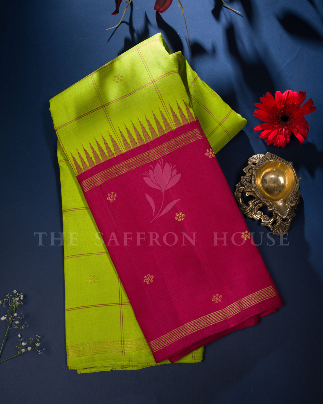Parrot Green And Pink Kattam Kanjivaram Silk Saree – The Saffron House