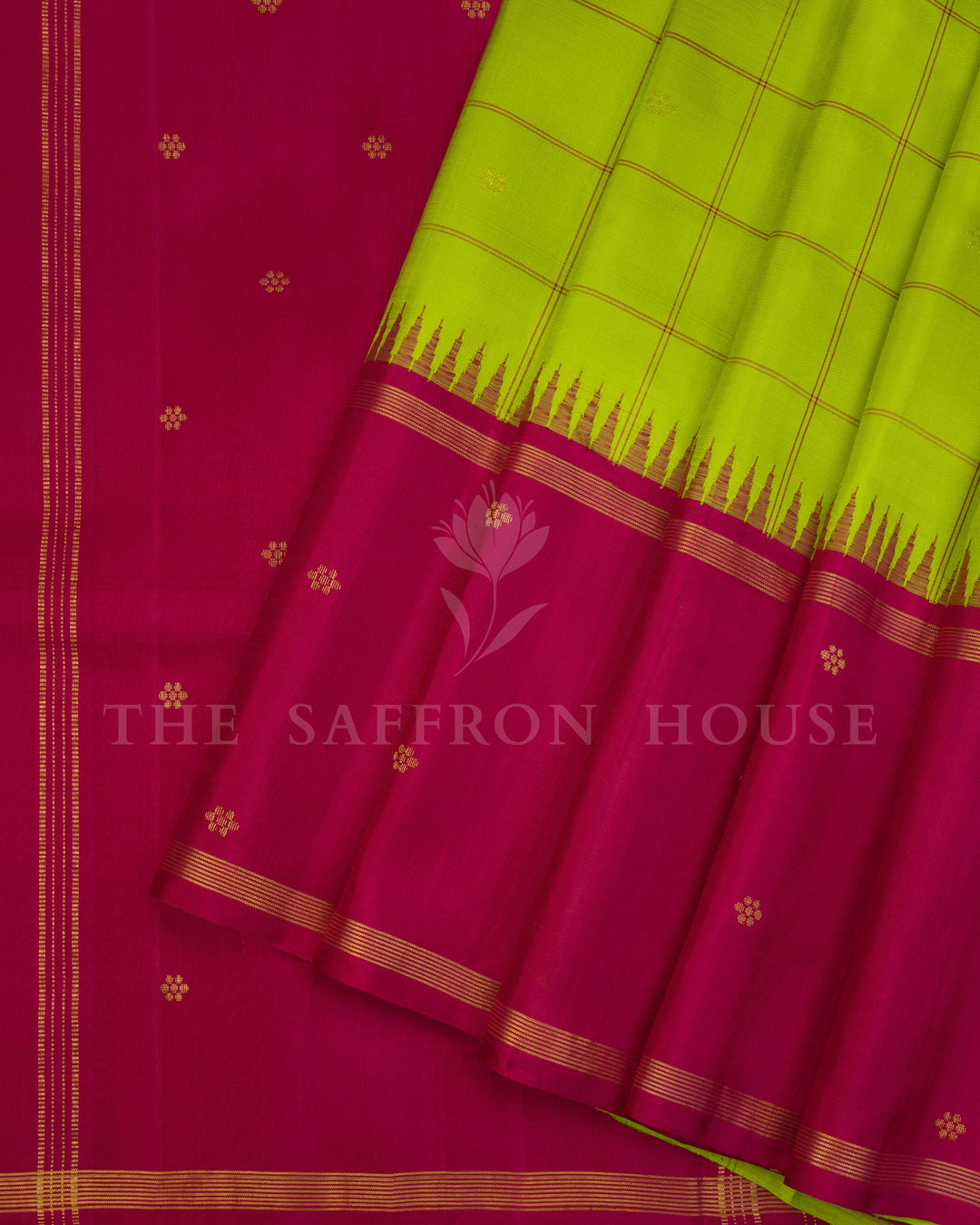 Parrot Green And Pink Kattam Kanjivaram Silk Saree – The Saffron House