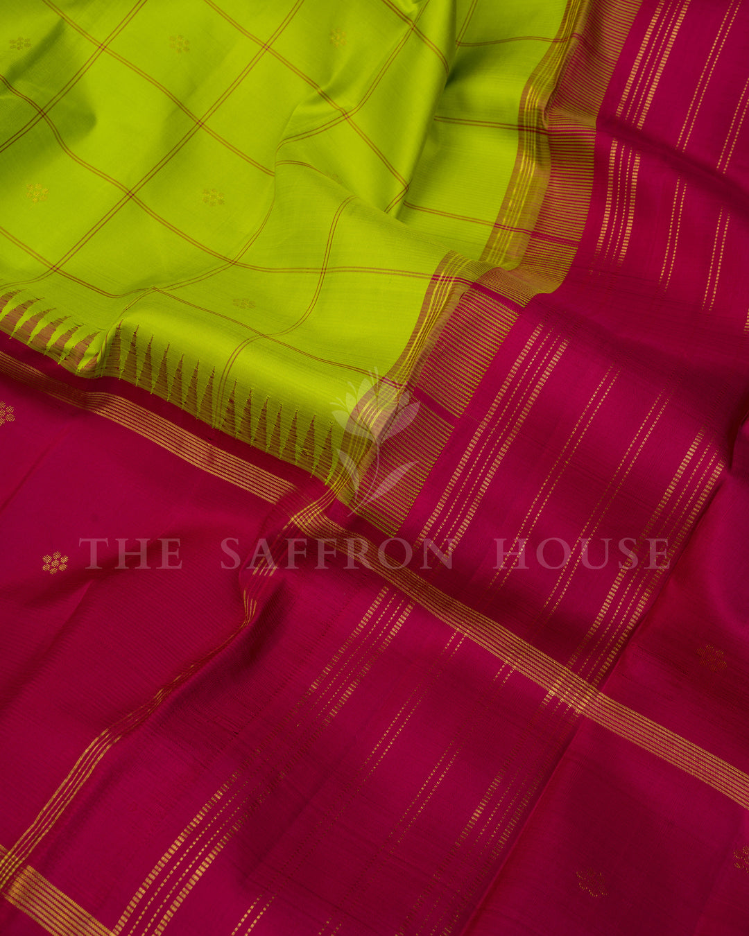 Parrot Green And Pink Kattam Kanjivaram Silk Saree – The Saffron House