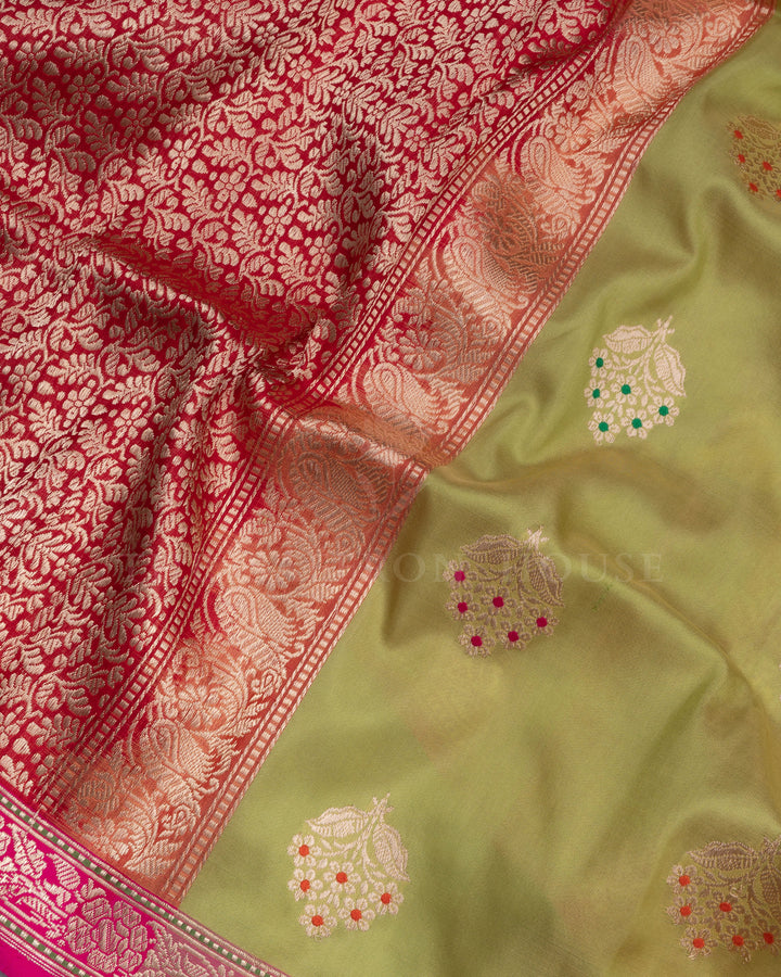 Parrot Green And Red Banarasi Silk Saree – The Saffron House