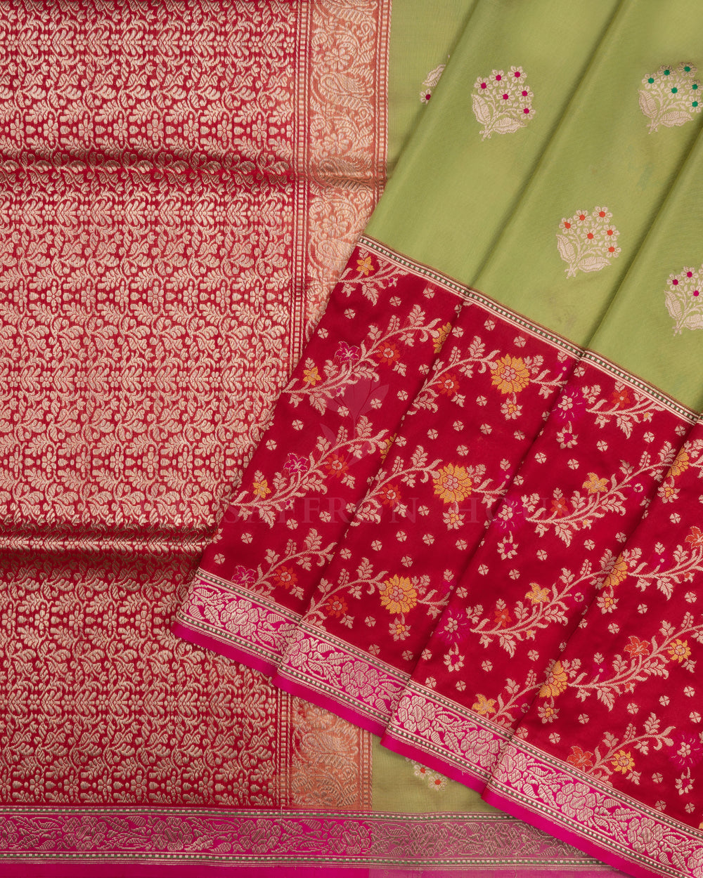 Parrot Green And Red Banarasi Silk Saree – The Saffron House
