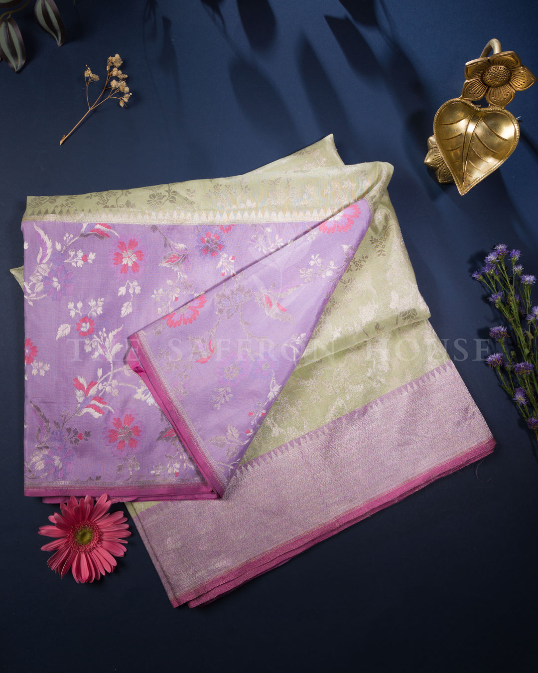 Olive Green And Lavender Banarasi Silk Saree – The Saffron House