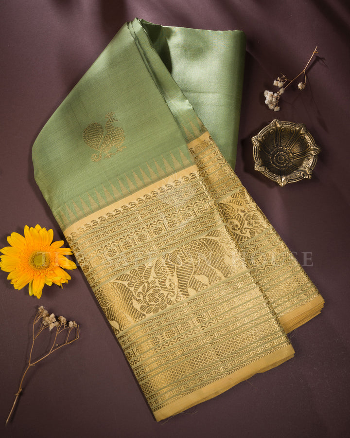Pistachio Green And Antique Gold Tissue Kanjivaram Silk Saree – The Saffron House