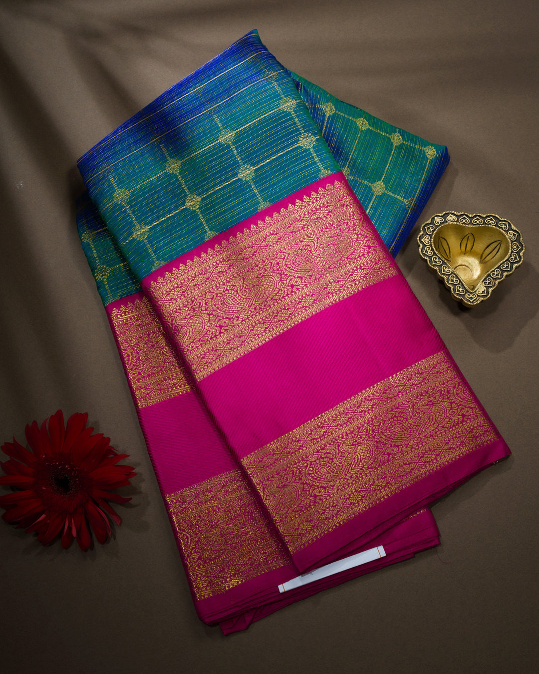 Peacock Blue And Pink Kattam Kanjivaram Silk Saree – The Saffron House