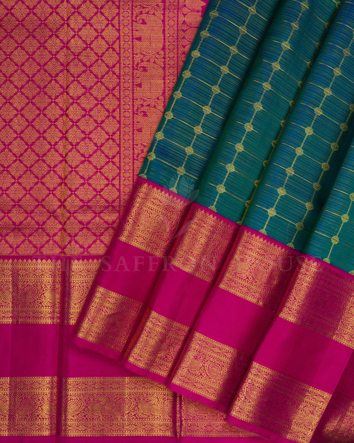 Peacock Blue And Pink Kattam Kanjivaram Silk Saree – The Saffron House