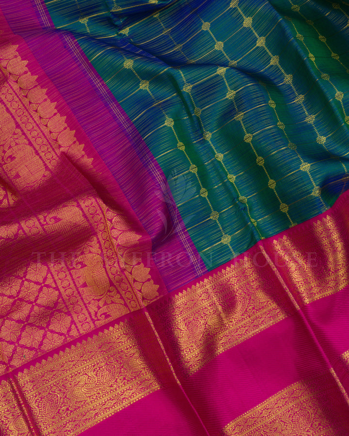 Peacock Blue And Pink Kattam Kanjivaram Silk Saree – The Saffron House