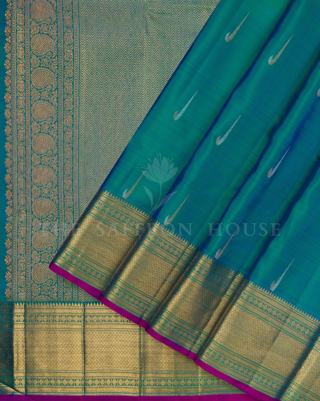 Peacock Blue Korvai Kanjivaram Silk Saree – The Saffron House