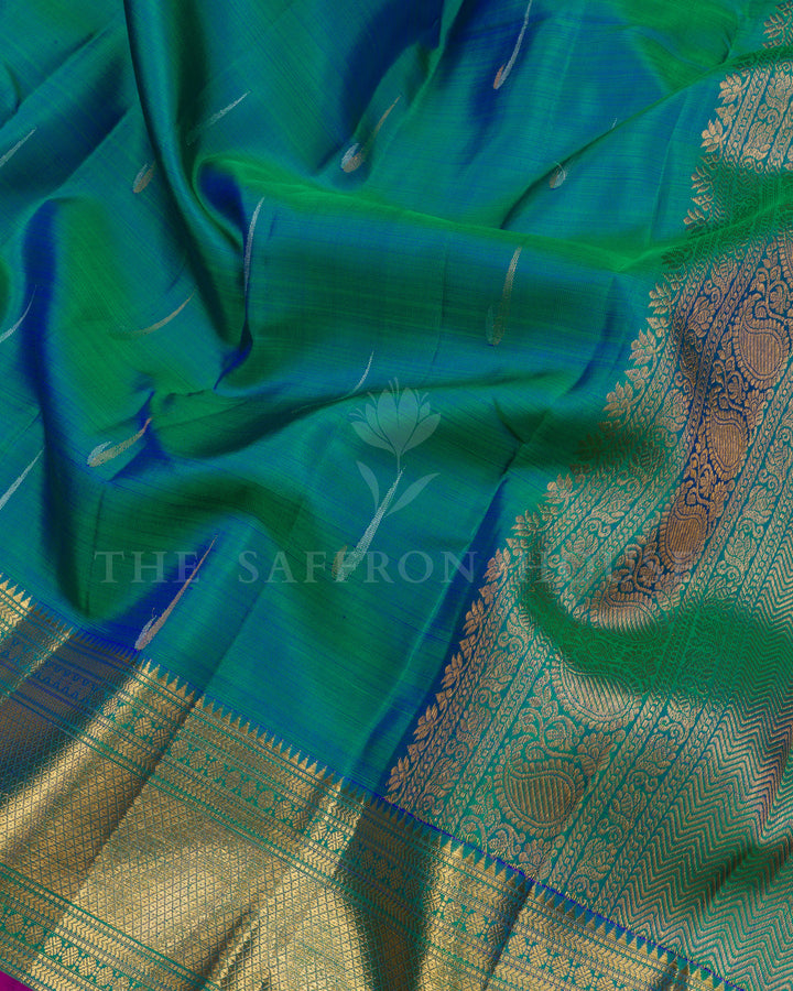 Peacock Blue Korvai Kanjivaram Silk Saree – The Saffron House