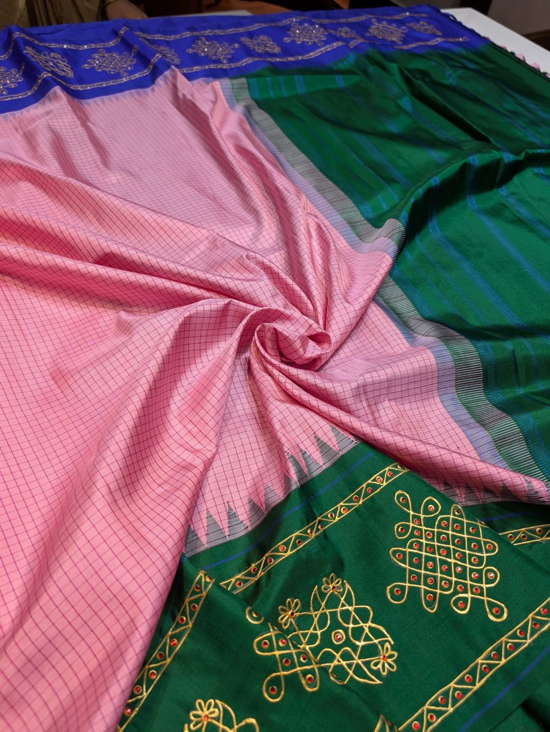Blush Pink Tanjore Hand-Painted Kanjivaram Silk Saree – The Saffron House