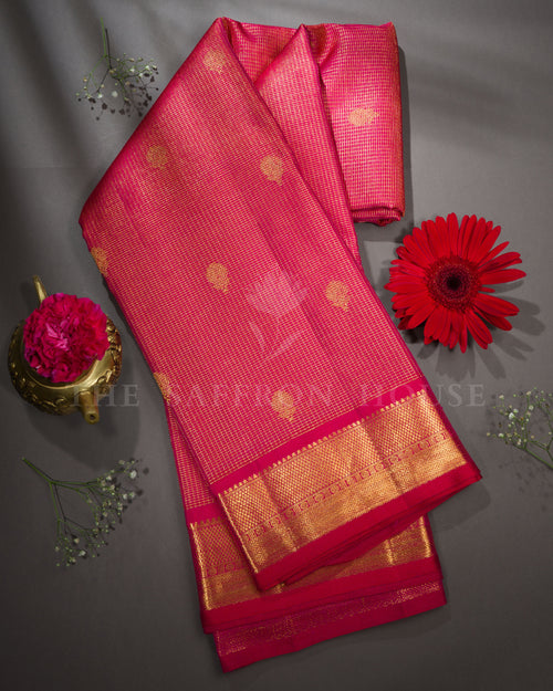 Pink And Red Kattam Kanjivaram Silk Saree – The Saffron House