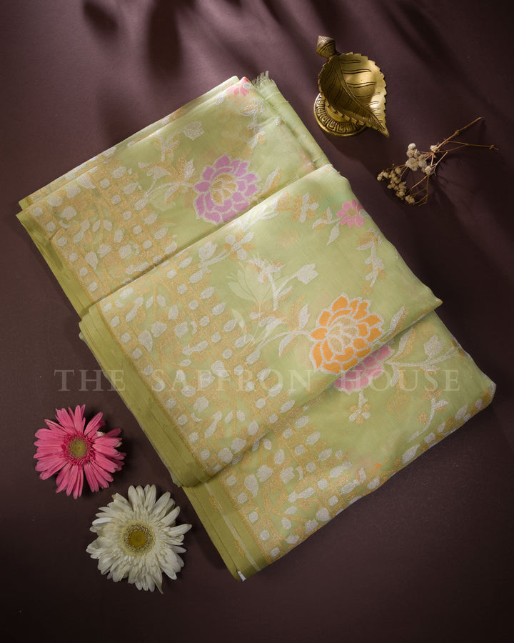 Pistachio Green Jamdani Silk Saree – The Saffron House