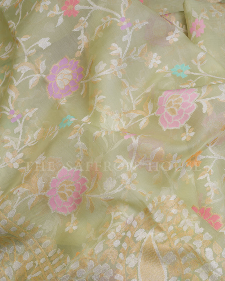 Pistachio Green Jamdani Silk Saree – The Saffron House