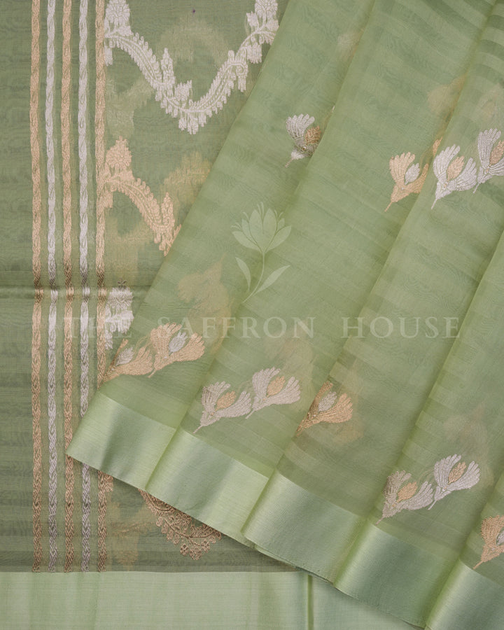 Pistachio Green Kora Banarasi Silk Saree – The Saffron House