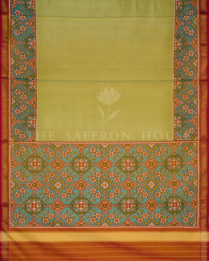 Pistachio Green And Red Handwoven Patola Saree – The Saffron House