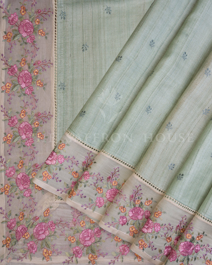 Sage Green Tussar Organza Saree – The Saffron House