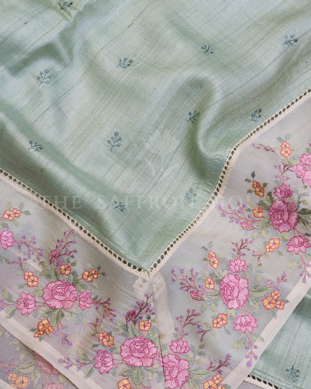 Sage Green Tussar Organza Saree – The Saffron House