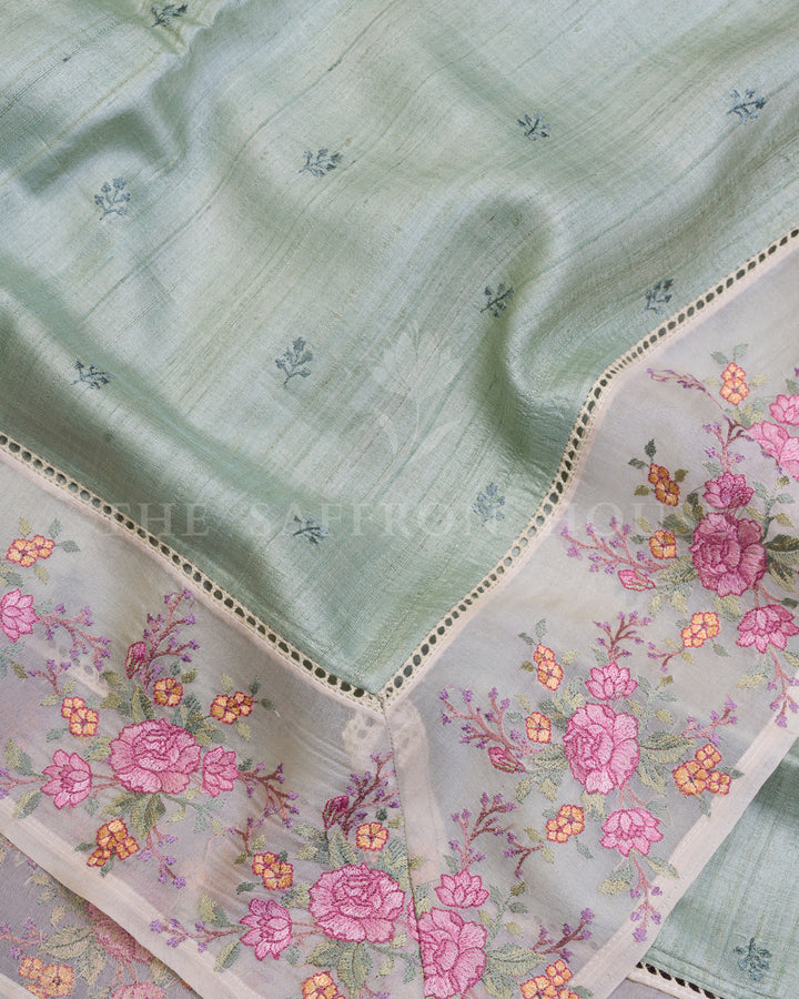 Sage Green Tussar Organza Saree – The Saffron House