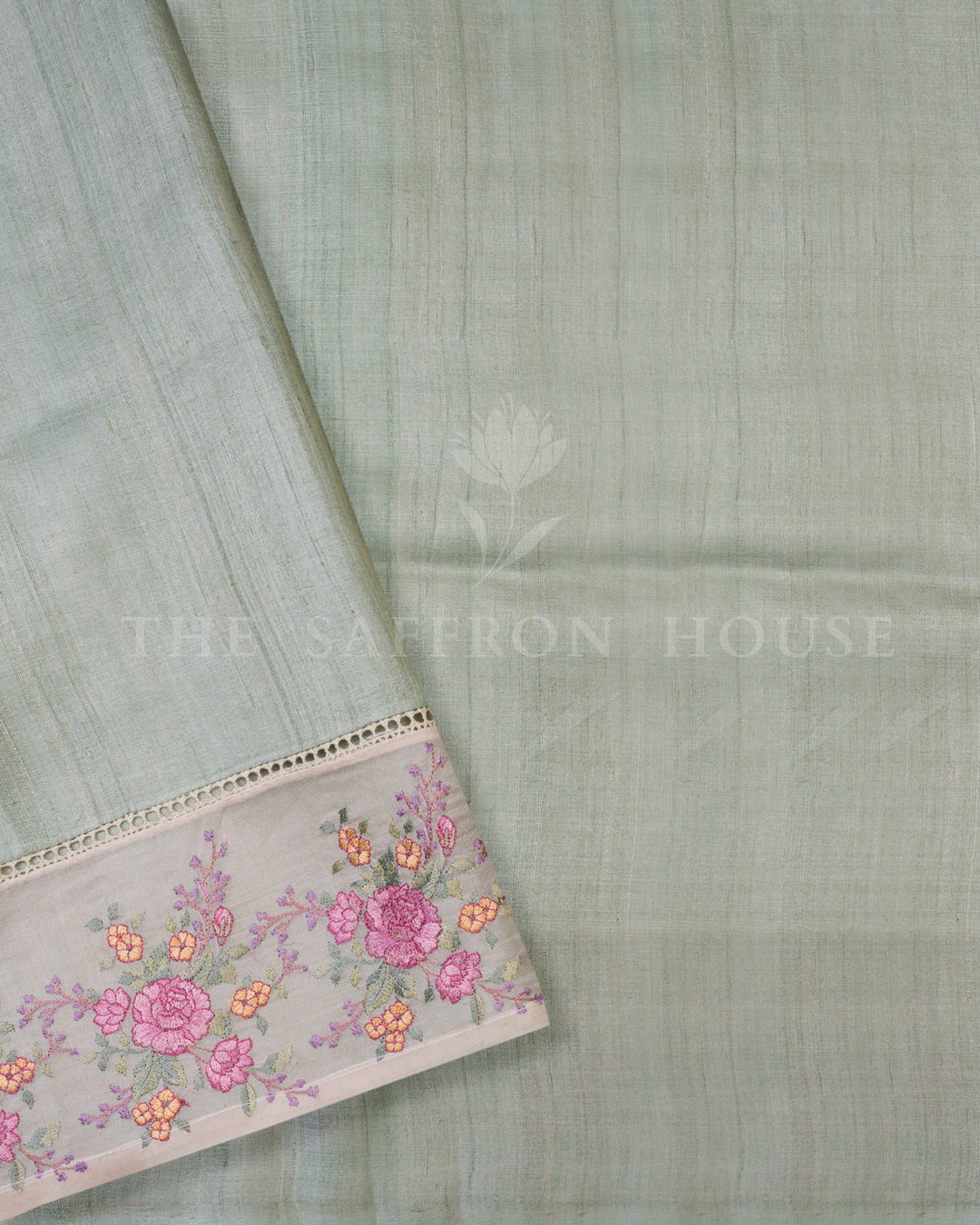 Sage Green Tussar Organza Saree – The Saffron House