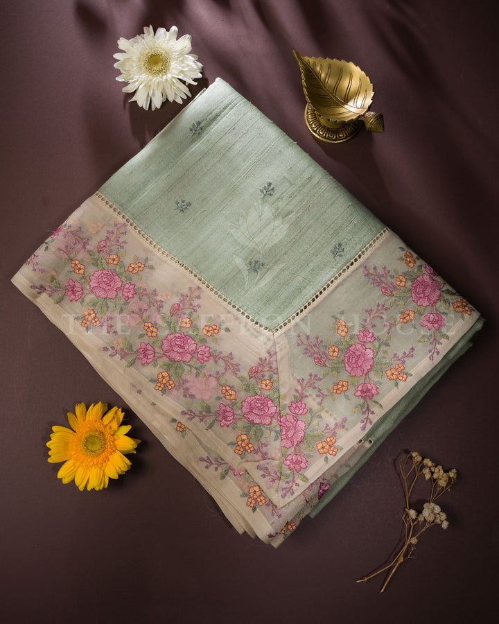 Sage Green Tussar Organza Saree – The Saffron House