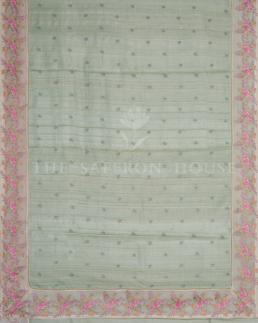 Sage Green Tussar Organza Saree – The Saffron House