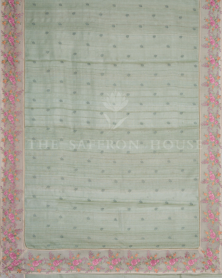 Sage Green Tussar Organza Saree – The Saffron House